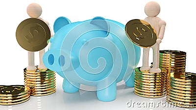 Blue piggy bank and wood figure hold gold coins for business content 3d rendering Stock Photo