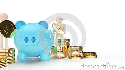 Blue piggy bank and wood figure hold gold coins for business content 3d rendering Stock Photo