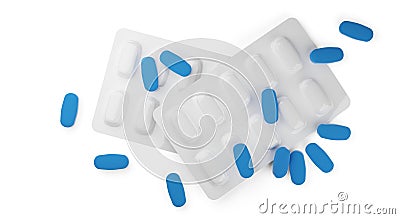 Blue pill tablets scattered over two white pill blister packs isolated on white background flat lay top view from above, medicine Cartoon Illustration