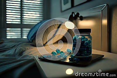 Blue pills on the bedside table in the bedroom. Blue medicine pills. Stock Photo