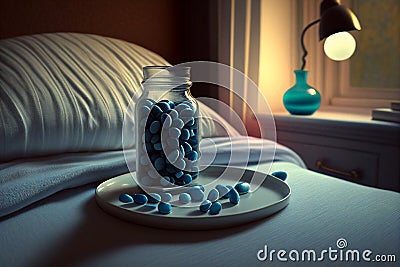 Blue pills on the bedside table in the bedroom. Blue medicine pills. Stock Photo