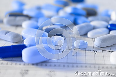 Blue pills for male impotence. Concept of erectile dysfunction in men post COVID-19. Free space to write Stock Photo