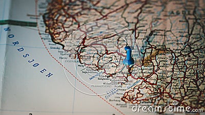 Flekkefjord, Norway, blue pinhead on map. Stock Photo