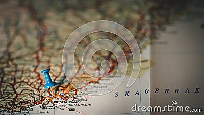 Kristiansand, Norway, blue pinhead on map. Stock Photo