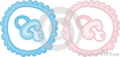 Blue and pink baby round label with pacifier.cdr Vector Illustration