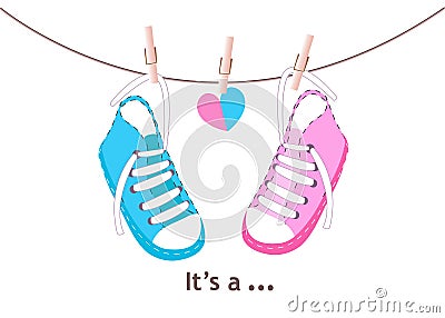 Blue and Pink Baby shoes. Baby shower greeting card Vector Illustration