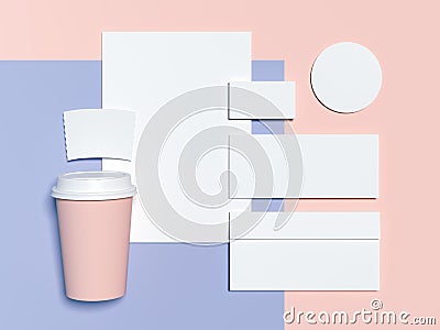 Blue-pink branding mockup with blank sheets, envelope and business cards. 3d rendering Stock Photo