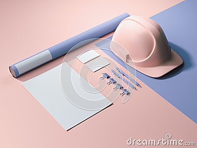 Blue-pink branding mockup with blank sheets, envelope and hard hat. 3d rendering Stock Photo