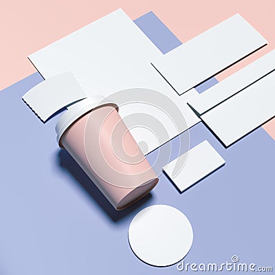 Blue-pink branding mockup with blank sheets, envelope and coffee cup. 3d rendering Stock Photo