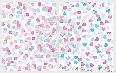 Blue and Pink Confetti Rain of Dot and Heart Shape. Vector Illustration