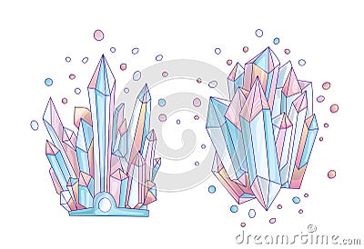 Blue and pink crystal, cartoon cute vector Quartz illustration. Quartz Crystal druse, pink princess grain on white Vector Illustration