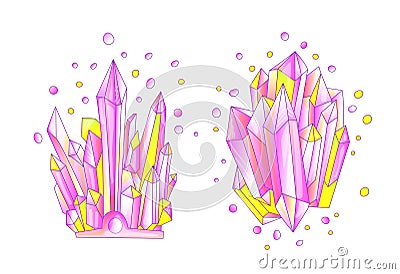 Yellow and pink crystal, cartoon cute vector Quartz illustration. Quartz Crystal druse, pink princess grain on white Vector Illustration