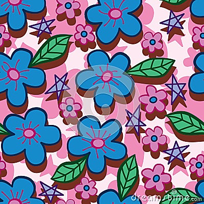 Blue pink flower line style vertical seamless pattern Vector Illustration