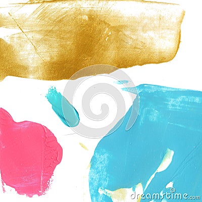 Blue, pink and gold paint stains on white background. Bright creative texture. Stock Photo