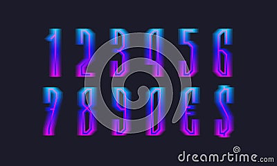 Blue pink gradient isolated numbers and currency signs. Luminous display font Vector Illustration