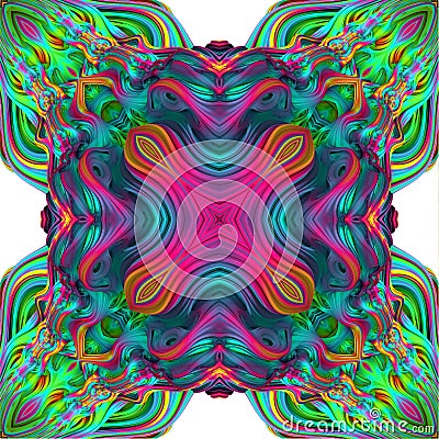 Blue, pink and green symmetrical kaleidoscope pattern. 3d waves Stock Photo