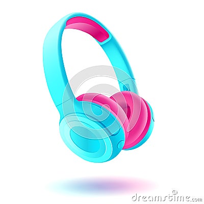 Blue and pink headphones isolated on white background, realistic vector illustration. Vector Illustration