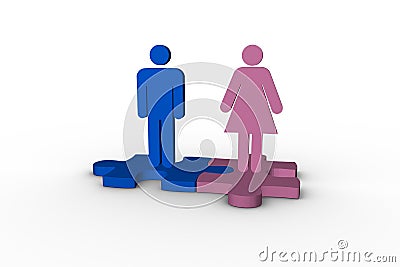 Blue and pink human figures over jigsaw pieces meshed together Stock Photo