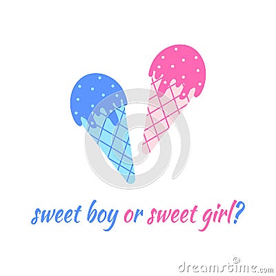 Blue and pink ice creams. Boy or girl concept. Gender reveal party invitation card or banner. Vector flat illustration Vector Illustration