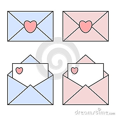 Blue and pink mail linear icons with heart seals. Open and closed envelopes. Valentine day concept Vector Illustration