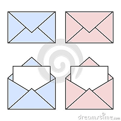 Blue and pink mail linear icons. Open and closed envelopes. E-mail symbol for your design Vector Illustration