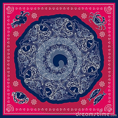 Blue and pink marine bandana square patern design. Vector Illustration