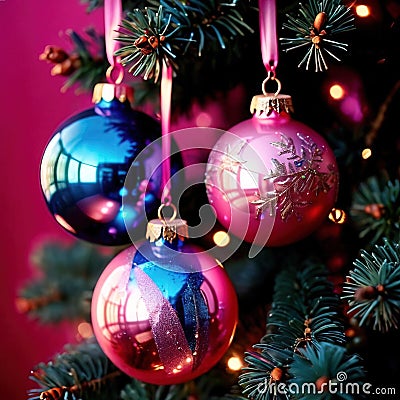 Blue and pink modern Christmas tree ornaments Stock Photo