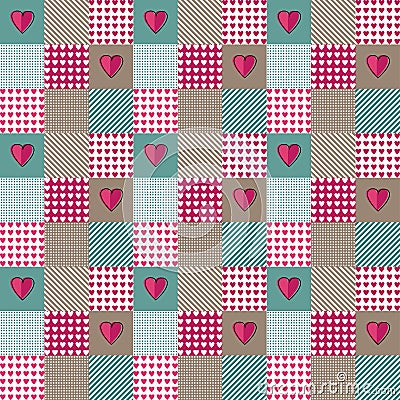 Blue and pink pattern patchwork heart valentine in retro style on white background. Vector seamless tribal pattern Vector Illustration