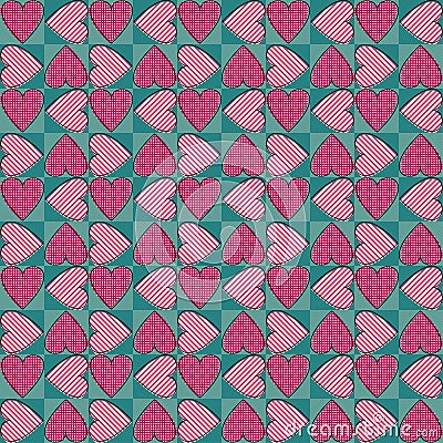 Blue and pink pattern patchwork heart valentine in retro style on white background. Vector seamless tribal pattern Vector Illustration