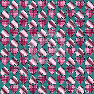 Blue and pink pattern patchwork heart valentine in retro style on white background. Vector seamless tribal pattern Vector Illustration