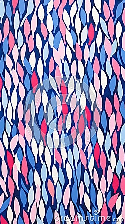 a blue and pink patterned fabric with lots of leaves Stock Photo