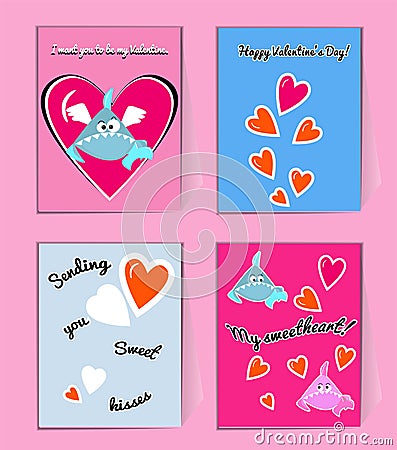 Blue and pink Sharks with hearts. Cute Valentine greeting card with wishes. You my Valentin vector illustration Vector Illustration