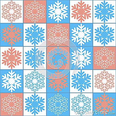 Blue pink snowy christmas background, decorative illustrations seamless pattern, square with snowflake Vector Illustration