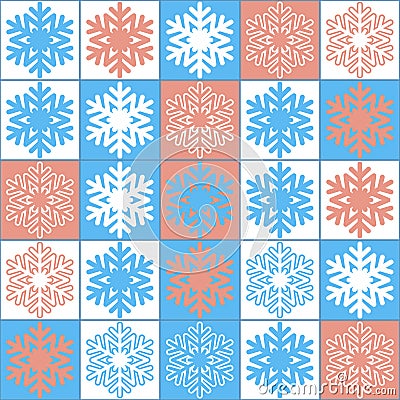 Blue pink snowy christmas background, decorative illustrations seamless pattern, square with snowflake, repeat vector illustration Cartoon Illustration