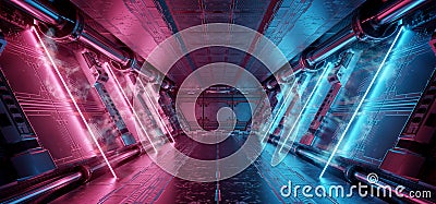 Blue and pink spaceship interior with neon lights on panel walls. Futuristic corridor in space station background. 3d rendering Stock Photo