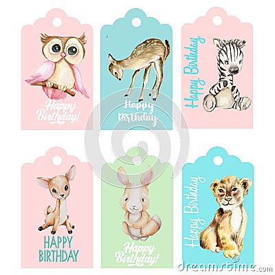 Set of happy birthday gift tags with cute baby animals. Cartoon Illustration