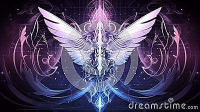 a blue and pink winged angel on a dark background Stock Photo