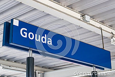 Blue place sign saying Gouda Editorial Stock Photo