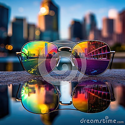 Blue and plain background glasses with reflections in urban and rainbow object glass mirrors Stock Photo