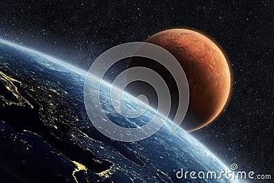 Blue planet earth with lights of night cities, view from space. Red Planet Mars in the starry sky. Two planets in outer space. Stock Photo