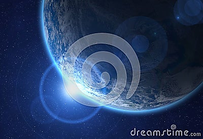 Blue planet Earth and rising sun Stock Photo