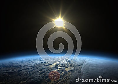 Blue planet Earth and rising sun Stock Photo