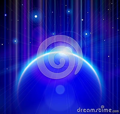 Blue Planet Earth with Rising Sun, Stars Stock Photo