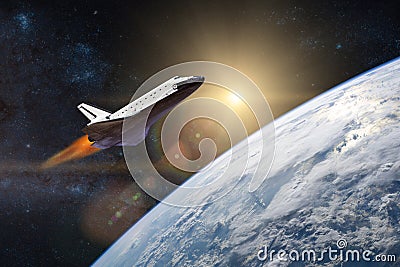 Blue planet Earth. Space shuttle taking off on a mission. Stock Photo