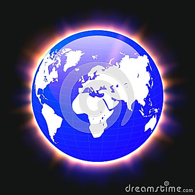 Blue planet earth and world map colorful light beams, vector Vector Illustration