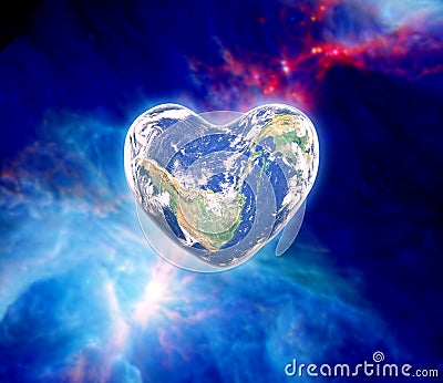Blue planet in heart shape over woman human hands isolated Stock Photo