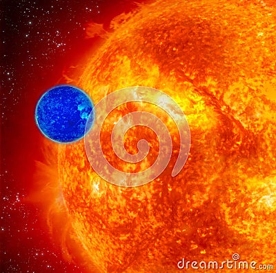 Blue Planet And Red Sun Stock Photo