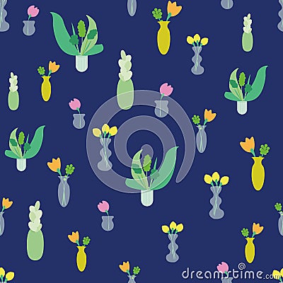 Blue plants and flowers vases seamless vector background. Indoor colorful flowers, and plants vector pattern Vector Illustration