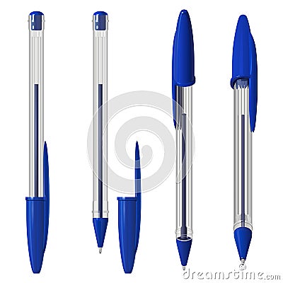 Blue plastic ballpoint pen with a cap, in a transparent hexagonal case, in several positions Vector Illustration