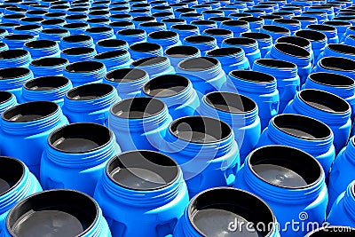 The blue plastic barrels for chemicals Stock Photo